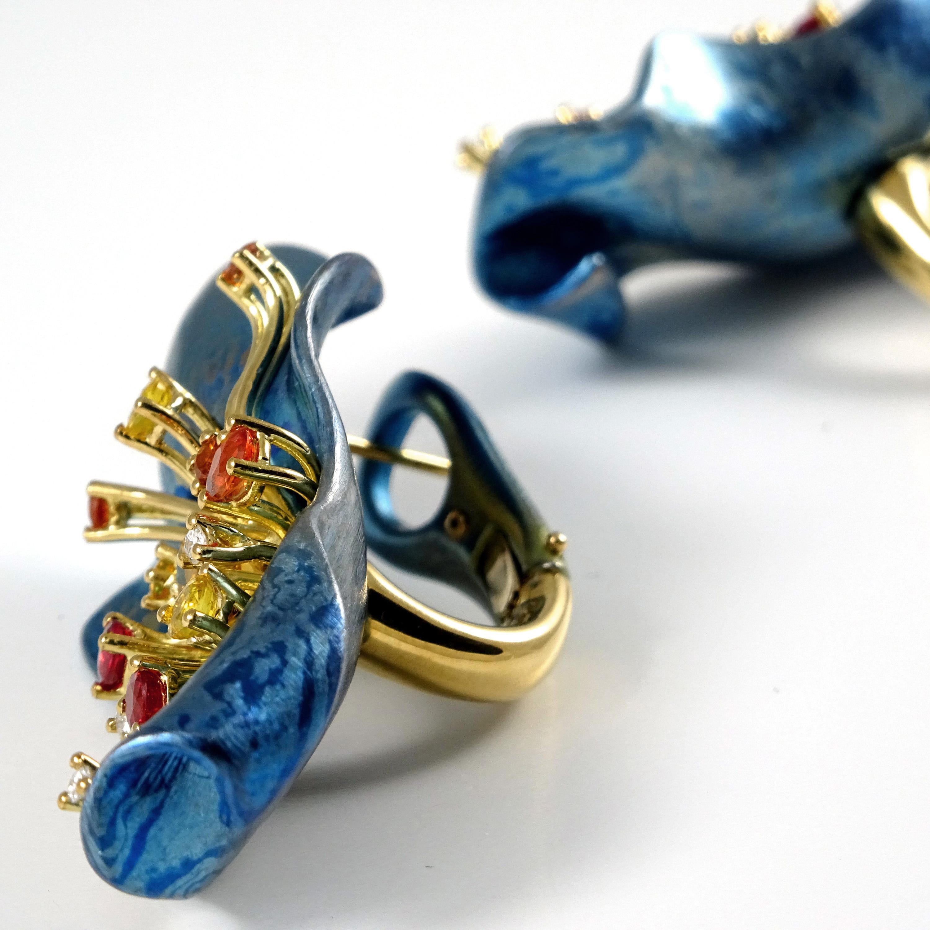 Women's Diamonds Orange Sapphires Citrines 18 Karat Gold Titanium Clip-On Earrings For Sale