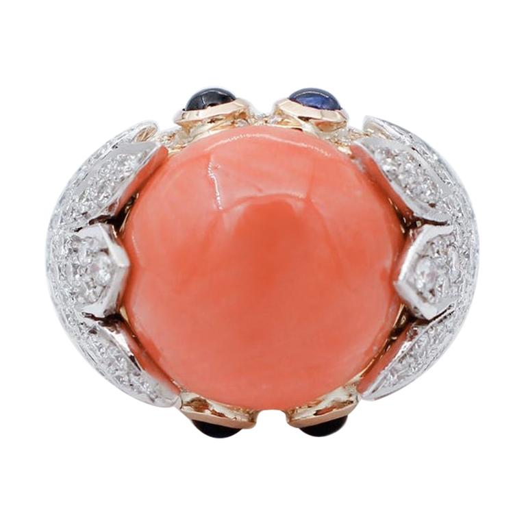 Diamonds, Sapphires, Coral, 18 Karat Yellow and White Gold Ring