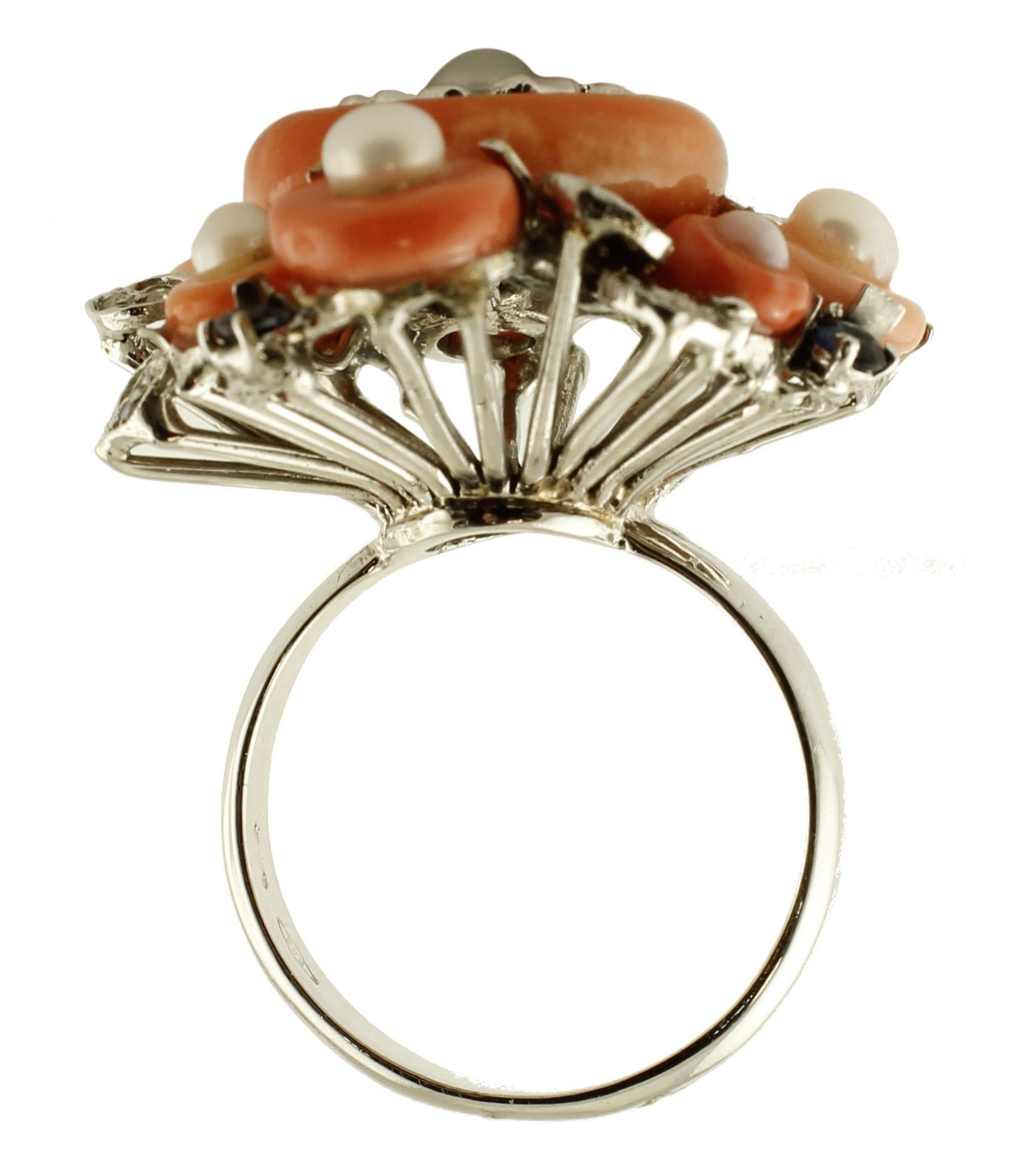 Retro Diamonds, Sapphires, Coral, Pearls, 14 Karat White Gold Vintage Ring For Sale