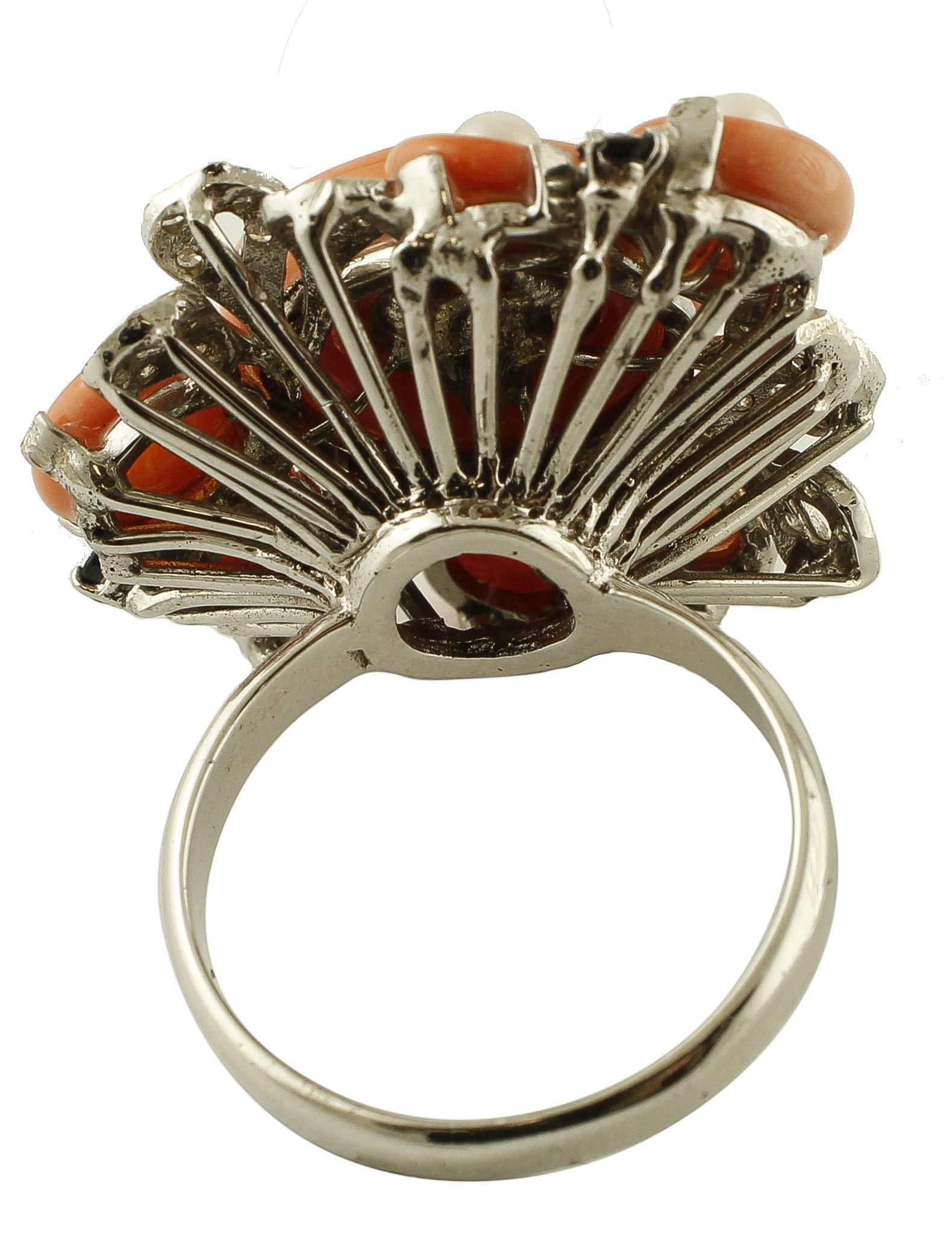 Mixed Cut Diamonds, Sapphires, Coral, Pearls, 14 Karat White Gold Vintage Ring For Sale
