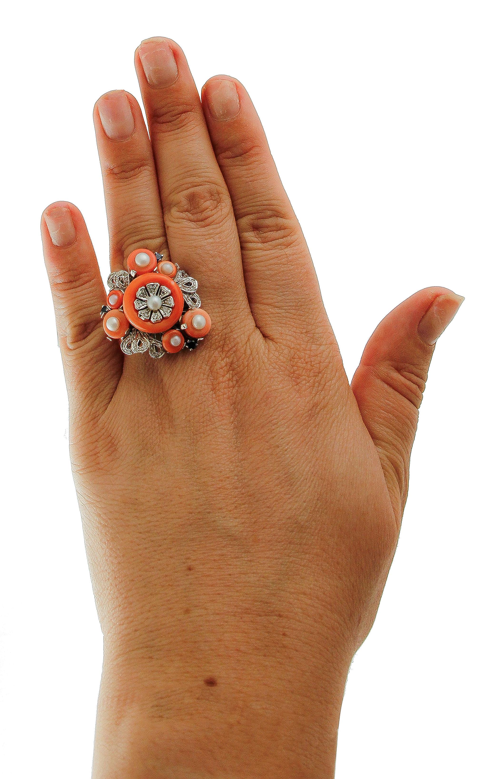 Women's Diamonds, Sapphires, Coral, Pearls, 14 Karat White Gold Vintage Ring For Sale
