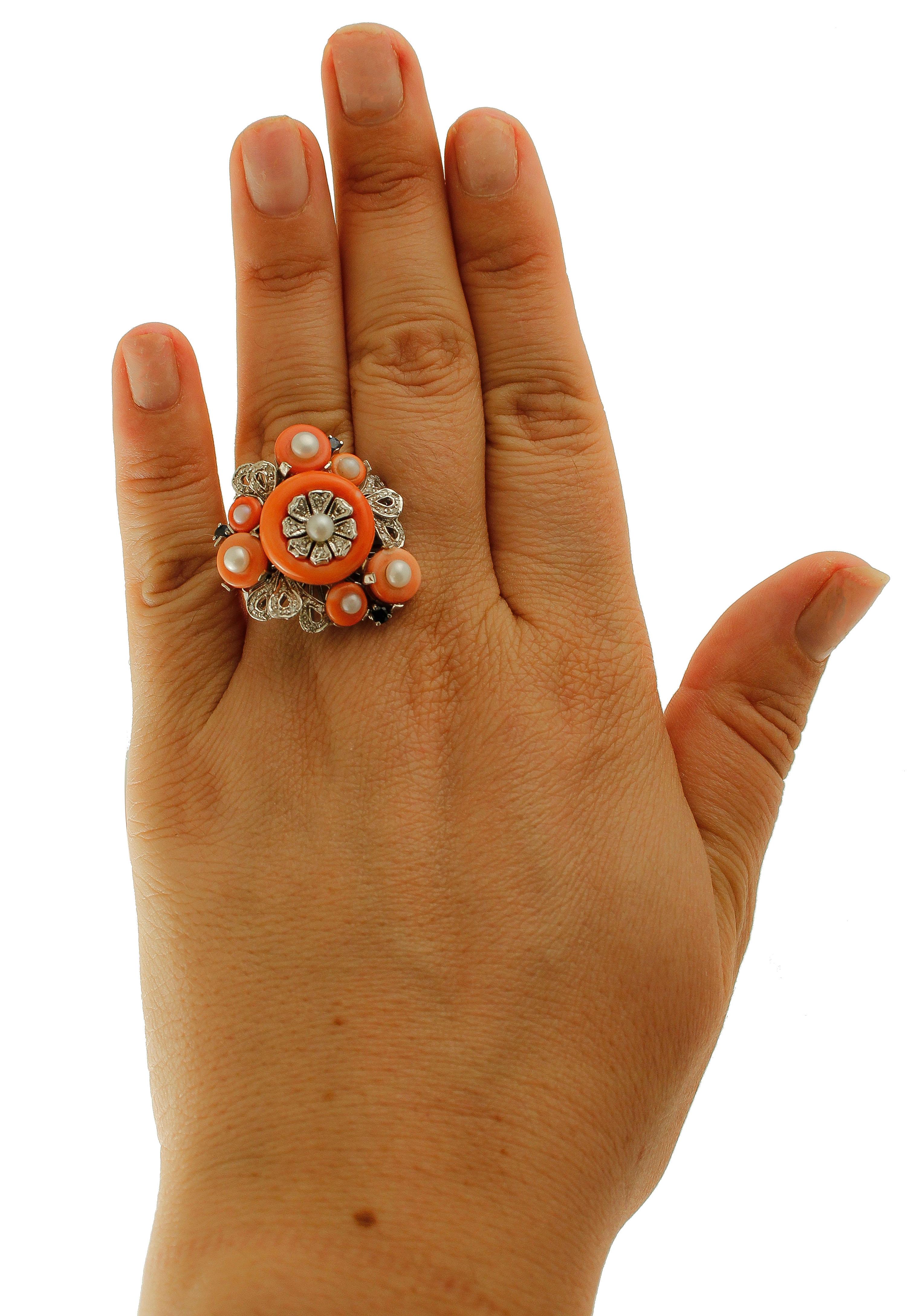 Diamonds, Sapphires, Coral, Pearls, 14 Karat White Gold Vintage Ring For Sale 1