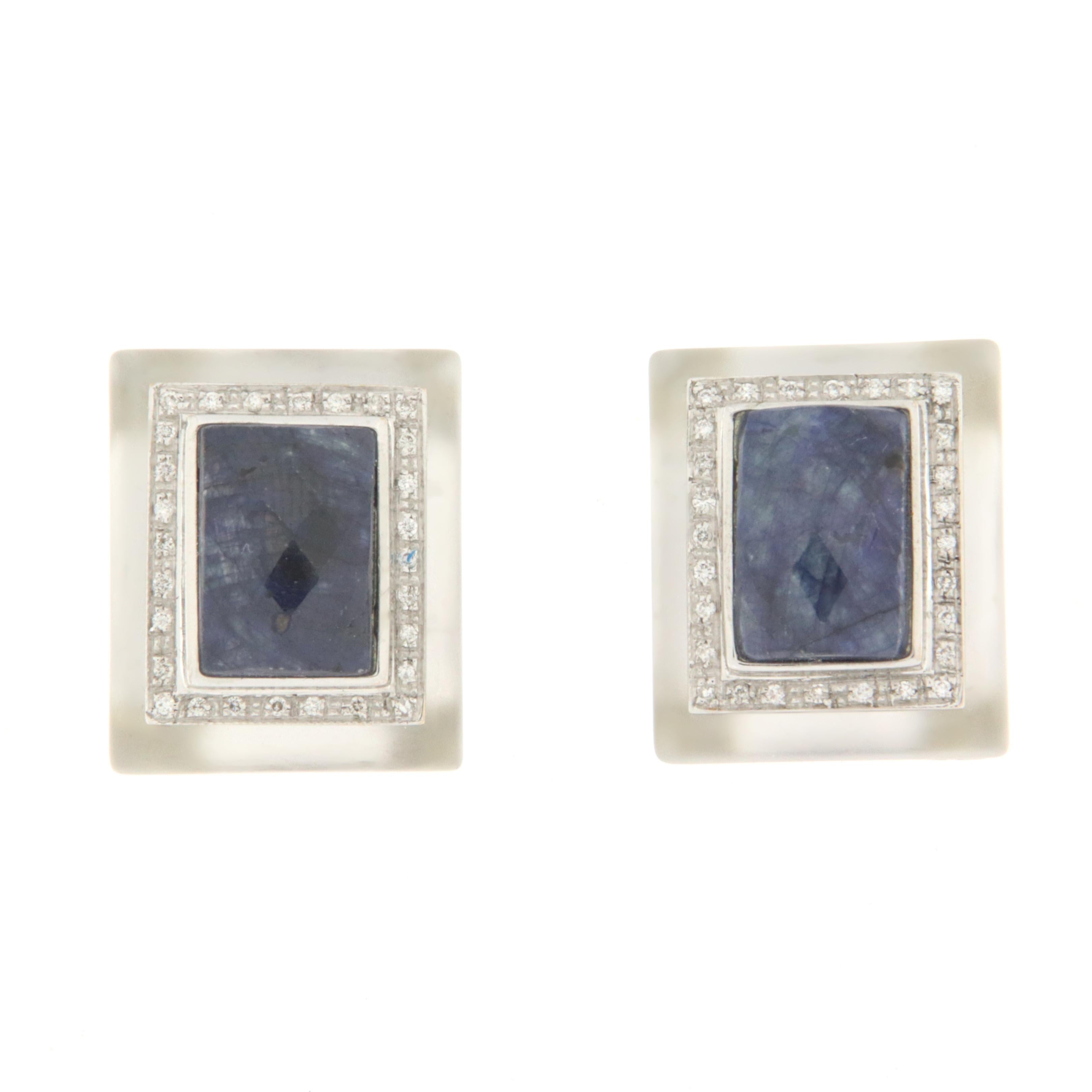 Artisan Diamonds Sapphires Crystal Rock White Gold 18 Karat Stud Earrings For Sale