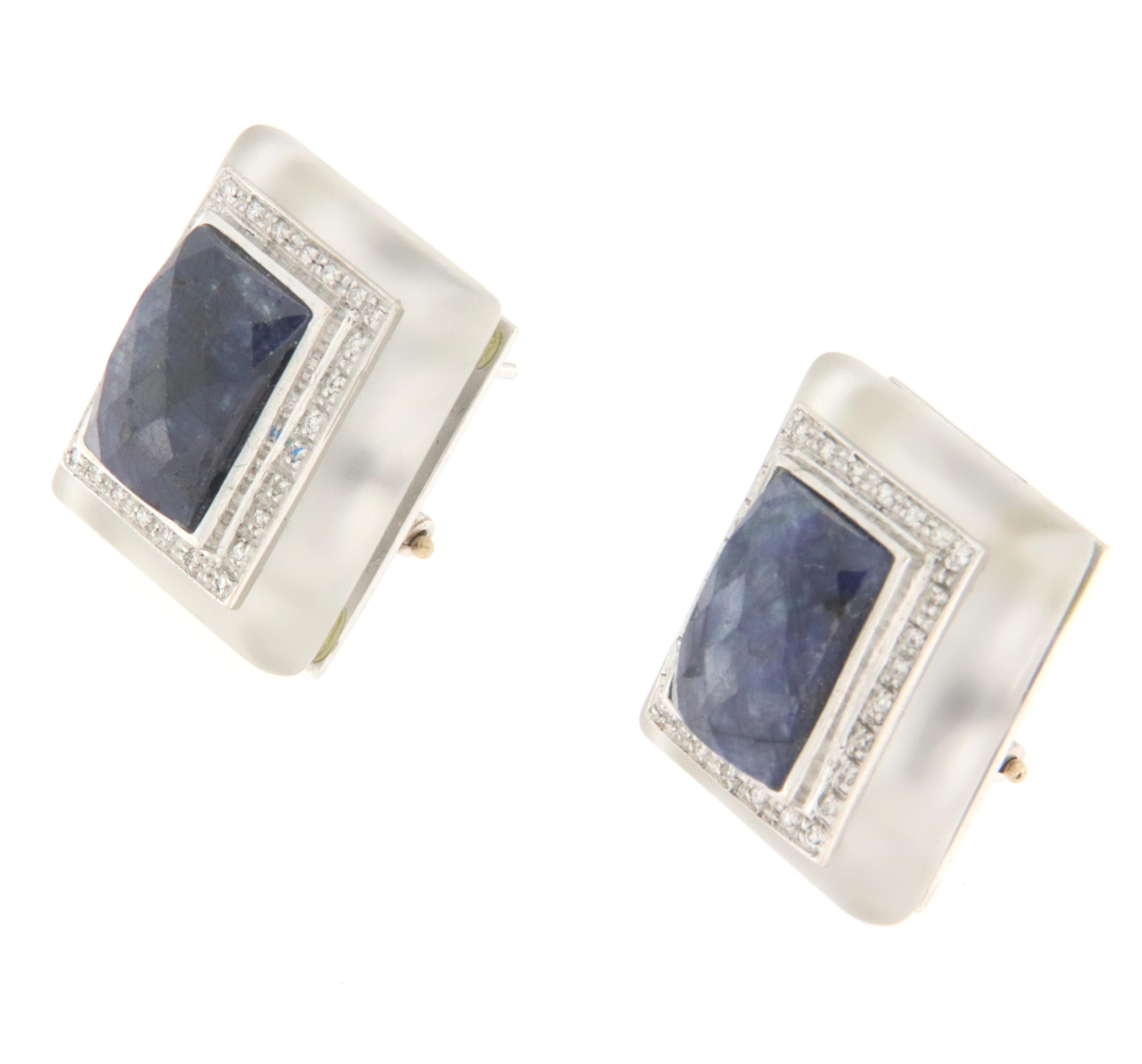 Brilliant Cut Diamonds Sapphires Crystal Rock White Gold 18 Karat Stud Earrings For Sale