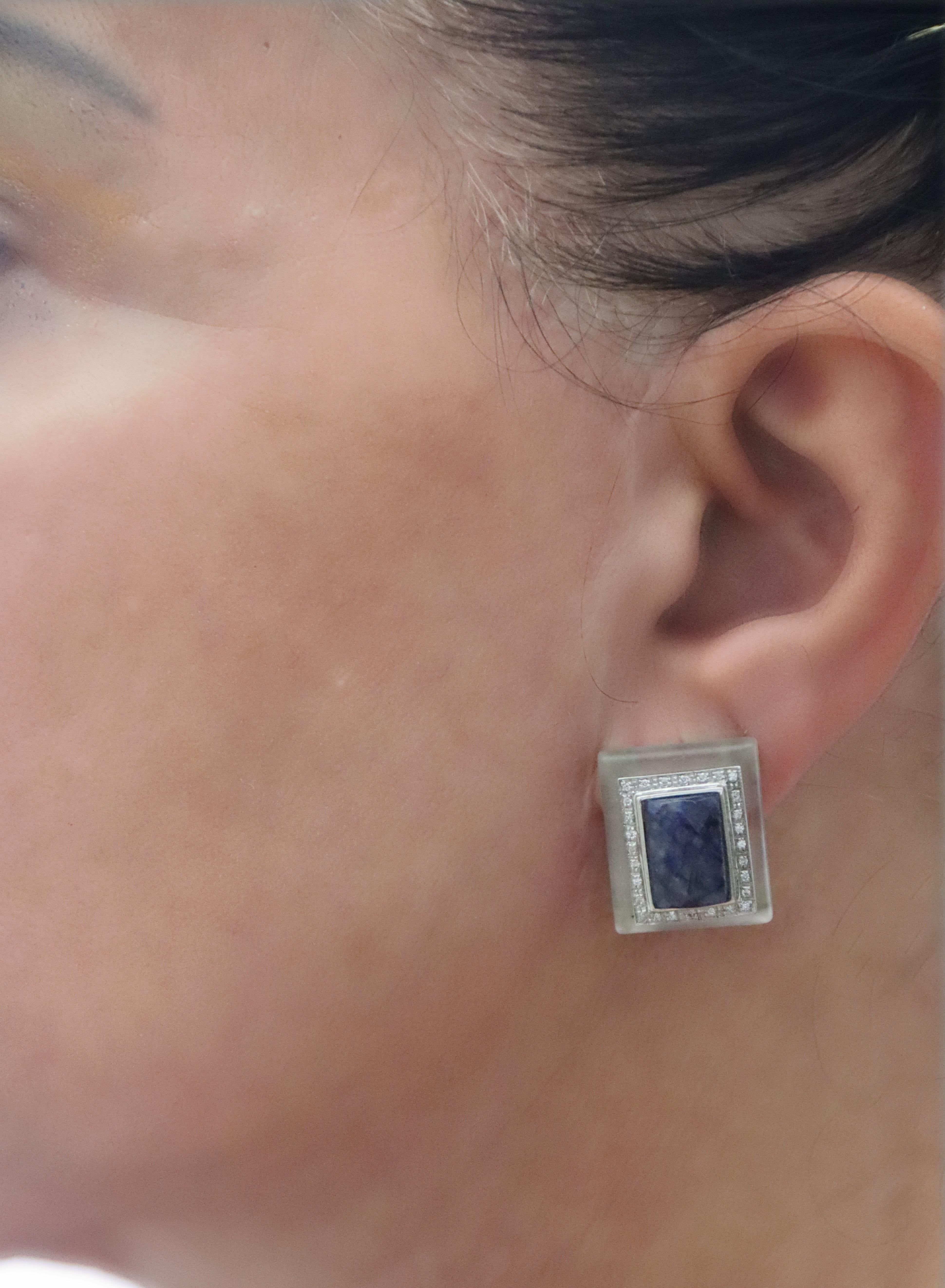 Diamonds Sapphires Crystal Rock White Gold 18 Karat Stud Earrings For Sale 1