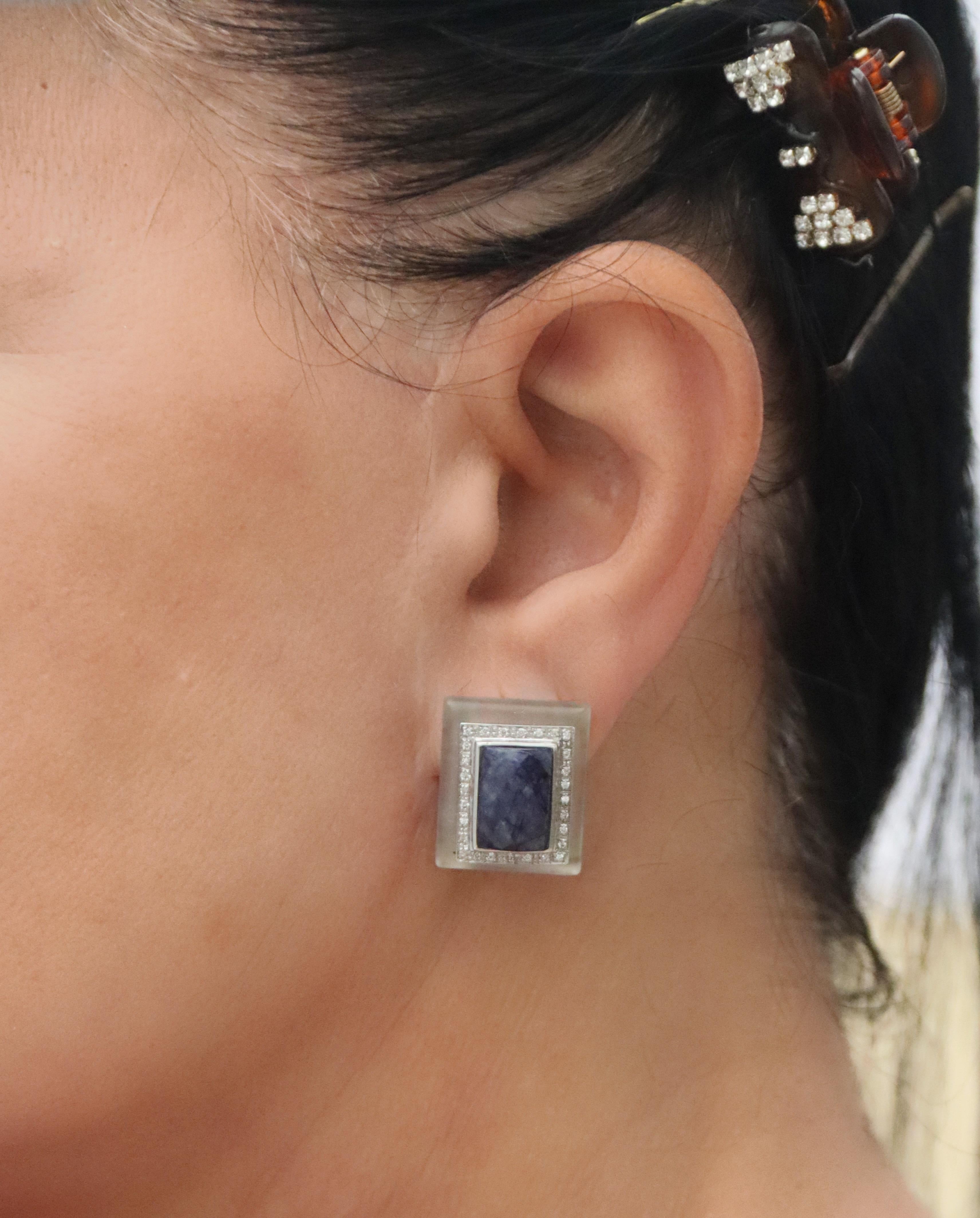 Diamonds Sapphires Crystal Rock White Gold 18 Karat Stud Earrings For Sale 2