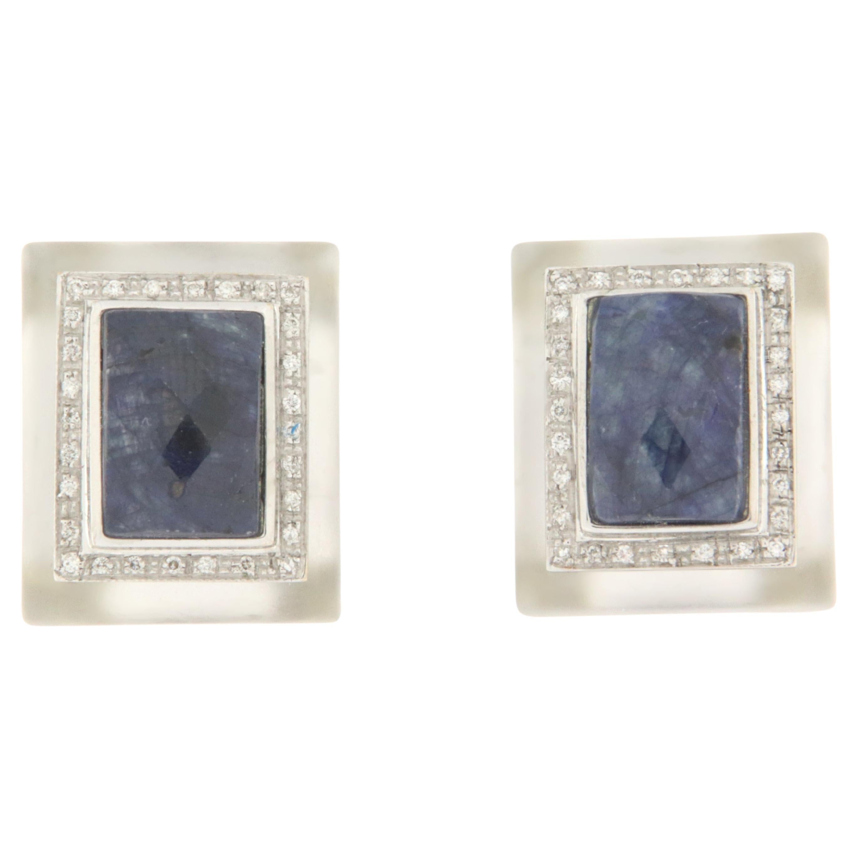 Diamonds Sapphires Crystal Rock White Gold 18 Karat Stud Earrings For Sale