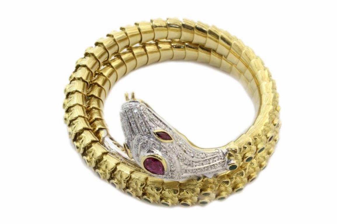 Retro Diamonds Sapphires Emerald Rubies Yellow and White Gold Snake Bracelet