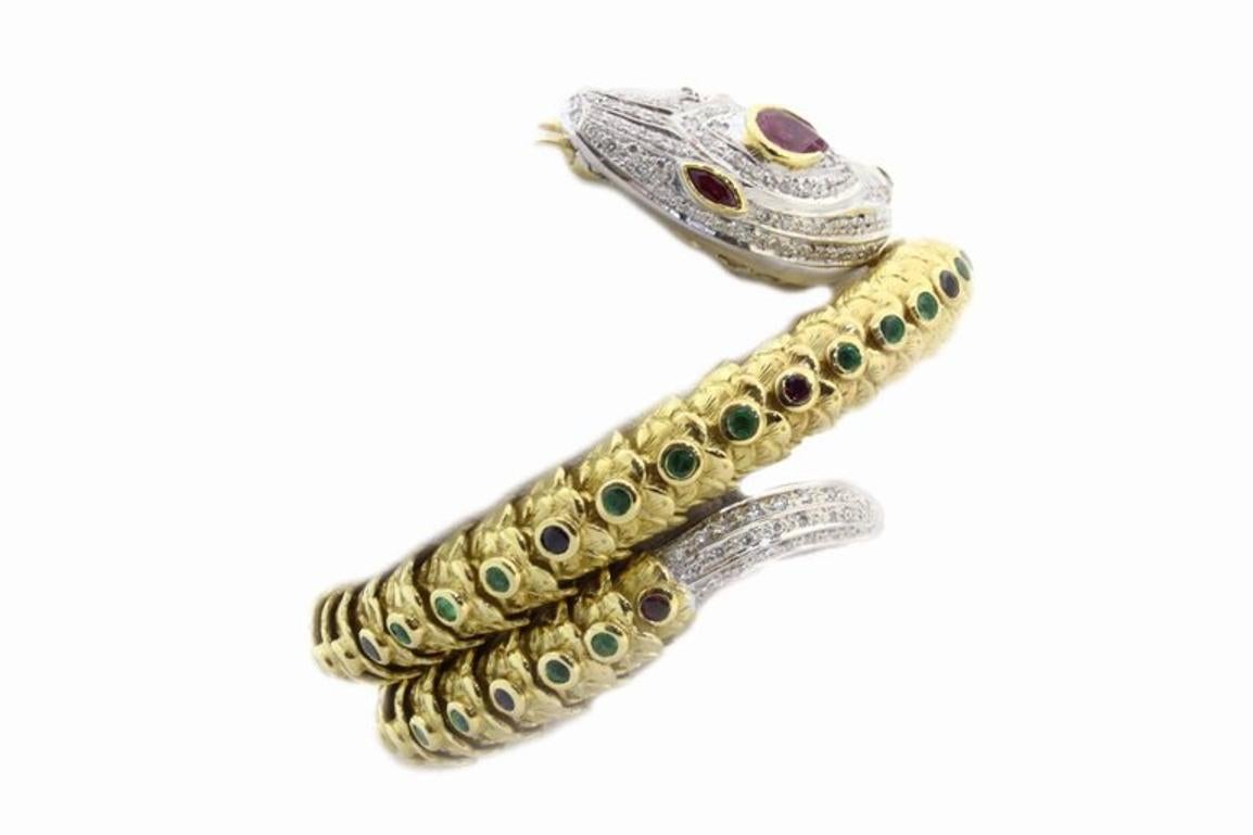 Diamonds Sapphires Emerald Rubies Yellow and White Gold Snake Bracelet In Excellent Condition In Marcianise, Marcianise (CE)