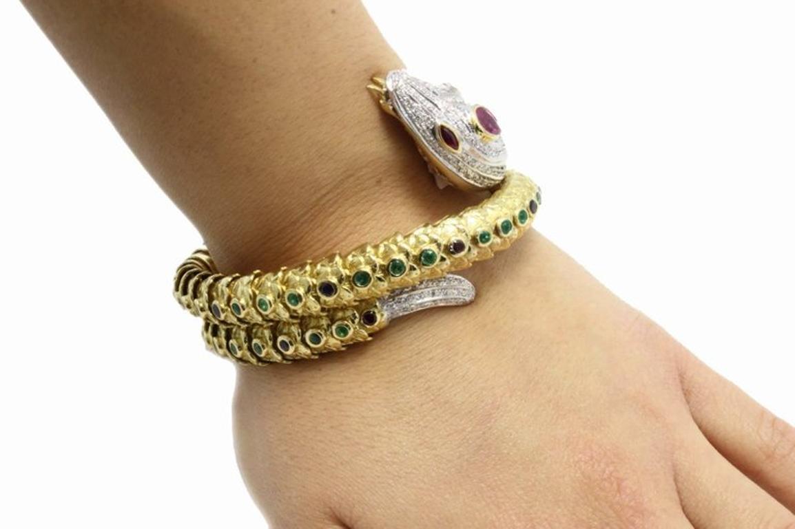 Diamonds Sapphires Emerald Rubies Yellow and White Gold Snake Bracelet 1