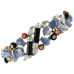 Diamonds, Sapphires, Emeralds, Onyx, Corals, 14 Karat White Gold Fantasy Bracelet