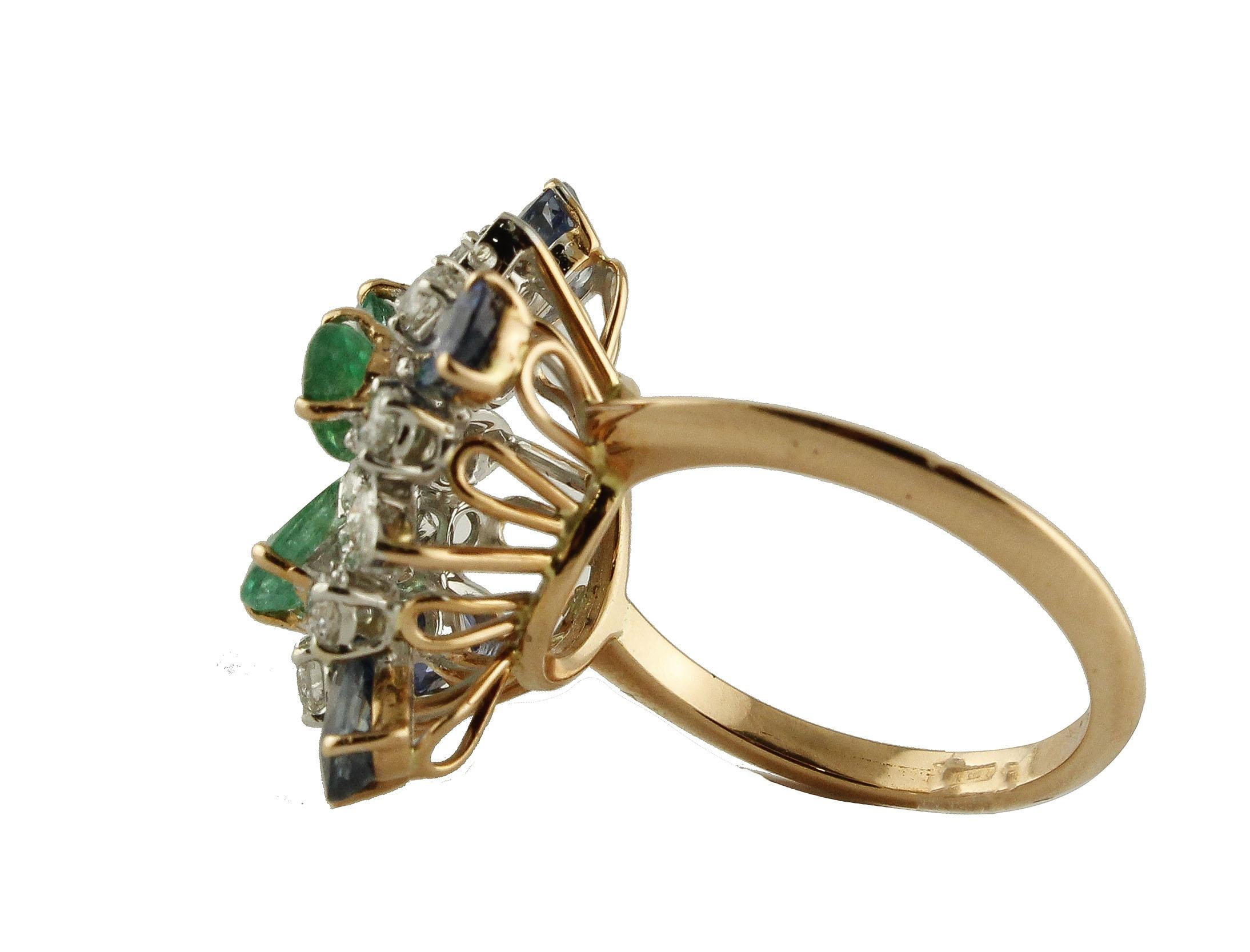 Retro Diamonds Sapphires Emeralds Rose Gold Ring