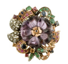 Diamonds Sapphires Emeralds Rubies Amethyst 9 Karat Gold and Silver Retro Ring