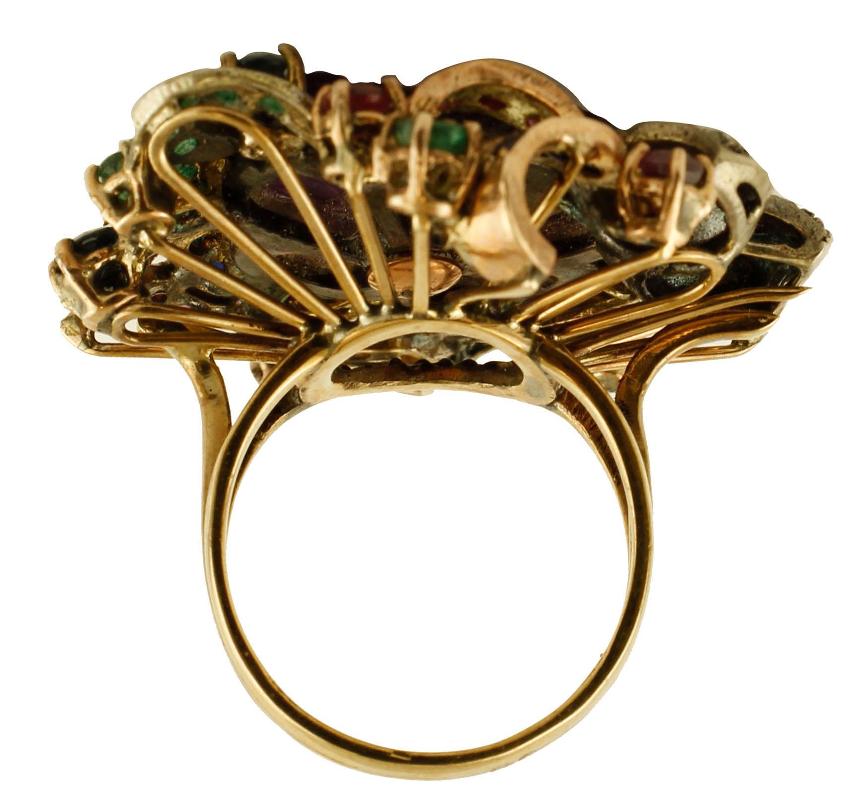 Women's Diamonds Sapphires Emeralds Rubies Amethyst 9 Karat Gold and Silver Retro Ring