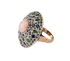 Diamonds Sapphires Emeralds Stone Rose Gold and Silver Circular Shape Ring
