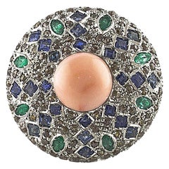 Diamonds Sapphires Emeralds Stone Rose Gold and Silver Circular Shape Ring