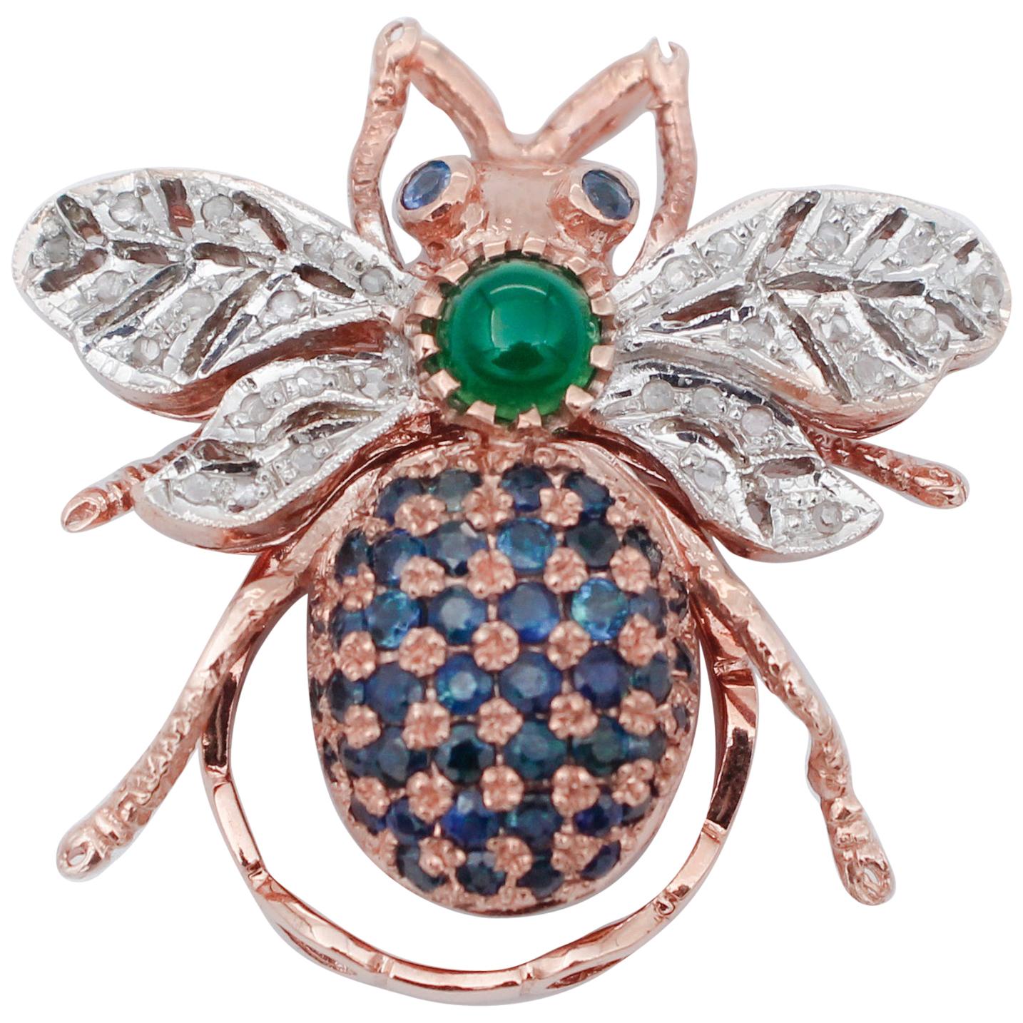Diamonds, Sapphires, Green Agate, 9 Karat Rose Gold and Silver Fly Shape Ring