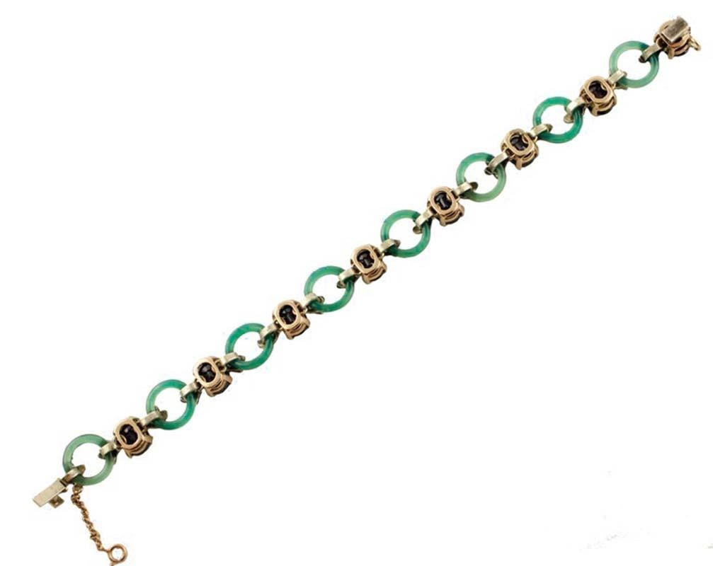 Retro Diamonds, Sapphires, Green Agate, Rose Gold and Silver Link Bracelet. For Sale