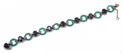 Diamonds, Sapphires, Green Agate, Rose Gold and Silver Link Bracelet.