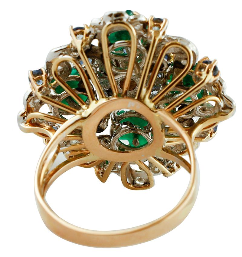 Retro Diamonds, Sapphires, Green Agate, Rose Gold Cocktail Ring For Sale