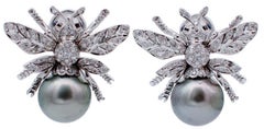 Diamonds, Sapphires, Grey Pearls 14 Karat White Gold Bee Earrings