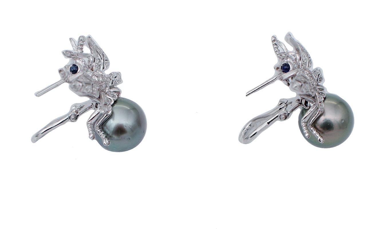 Retro Diamonds, Sapphires, Grey Pearls 14 Karat White Gold Bee Earrings
