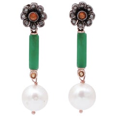 Boucles d'oreilles en or rose 9 carats, diamants, saphirs, jade et perles