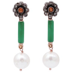 Diamonds, Sapphires, Jade, Pearls, 9 Karat Rose Gold and Silver Dangle Earrings