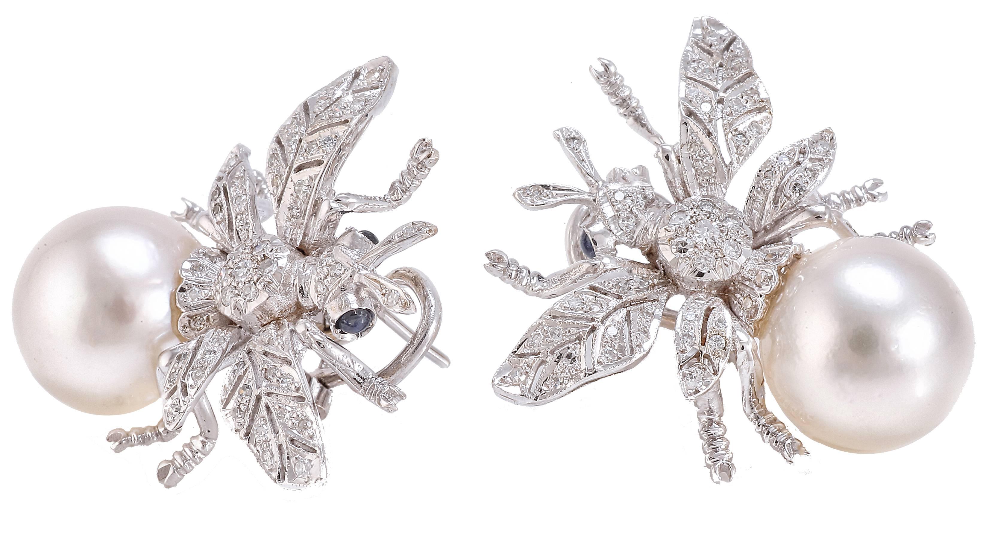 Retro Diamonds Sapphires Pearl White Gold Earrings