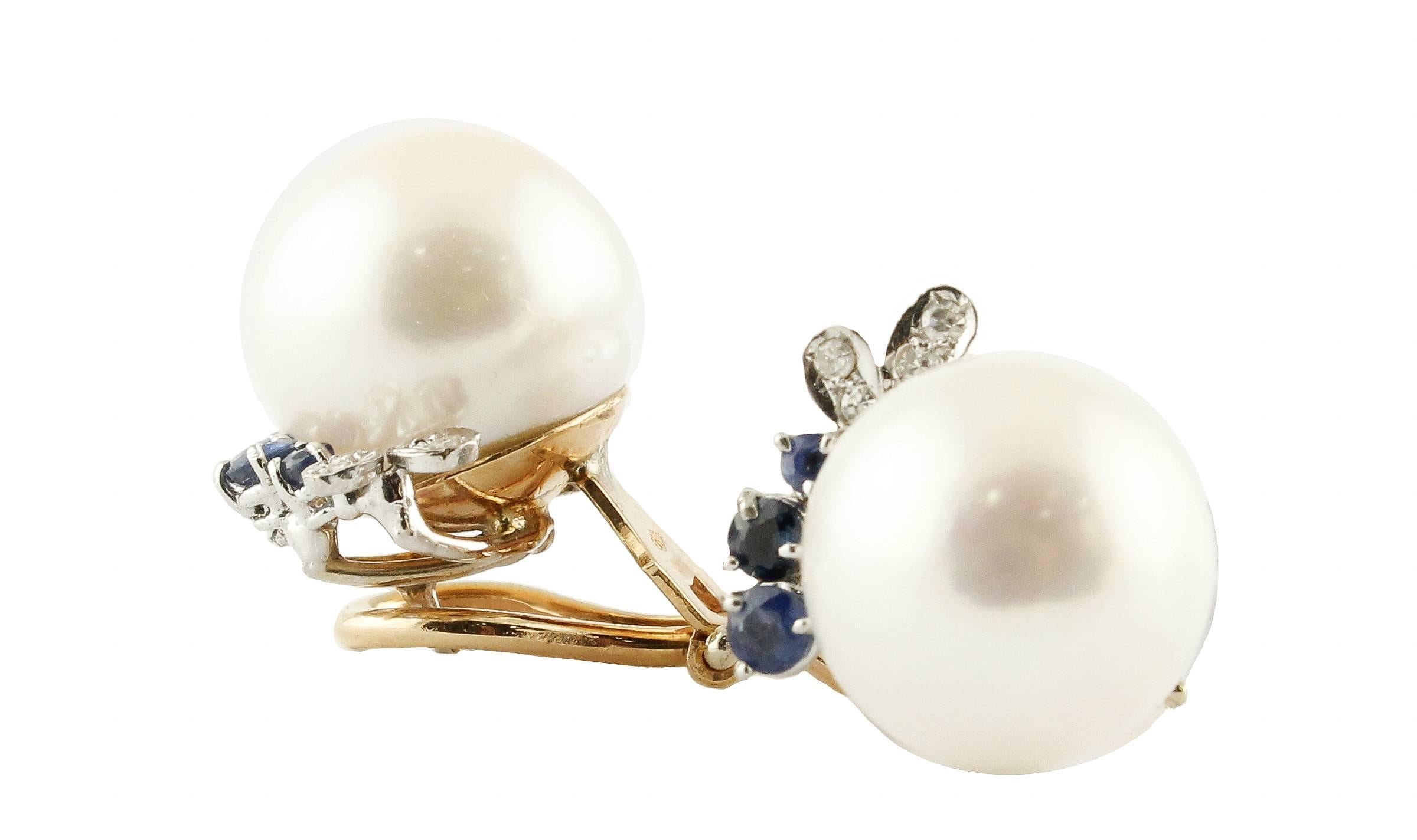 Diamonds Sapphires Pearls White and Yellow Gold Earrings In Good Condition In Marcianise, Marcianise (CE)