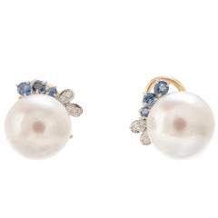 Diamonds Sapphires Pearls White and Yellow Gold Earrings