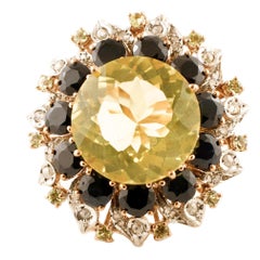 Vintage Diamonds, Sapphires, Peridots, Lemon Quartz, 9 Karat Rose Gold and Silver Ring
