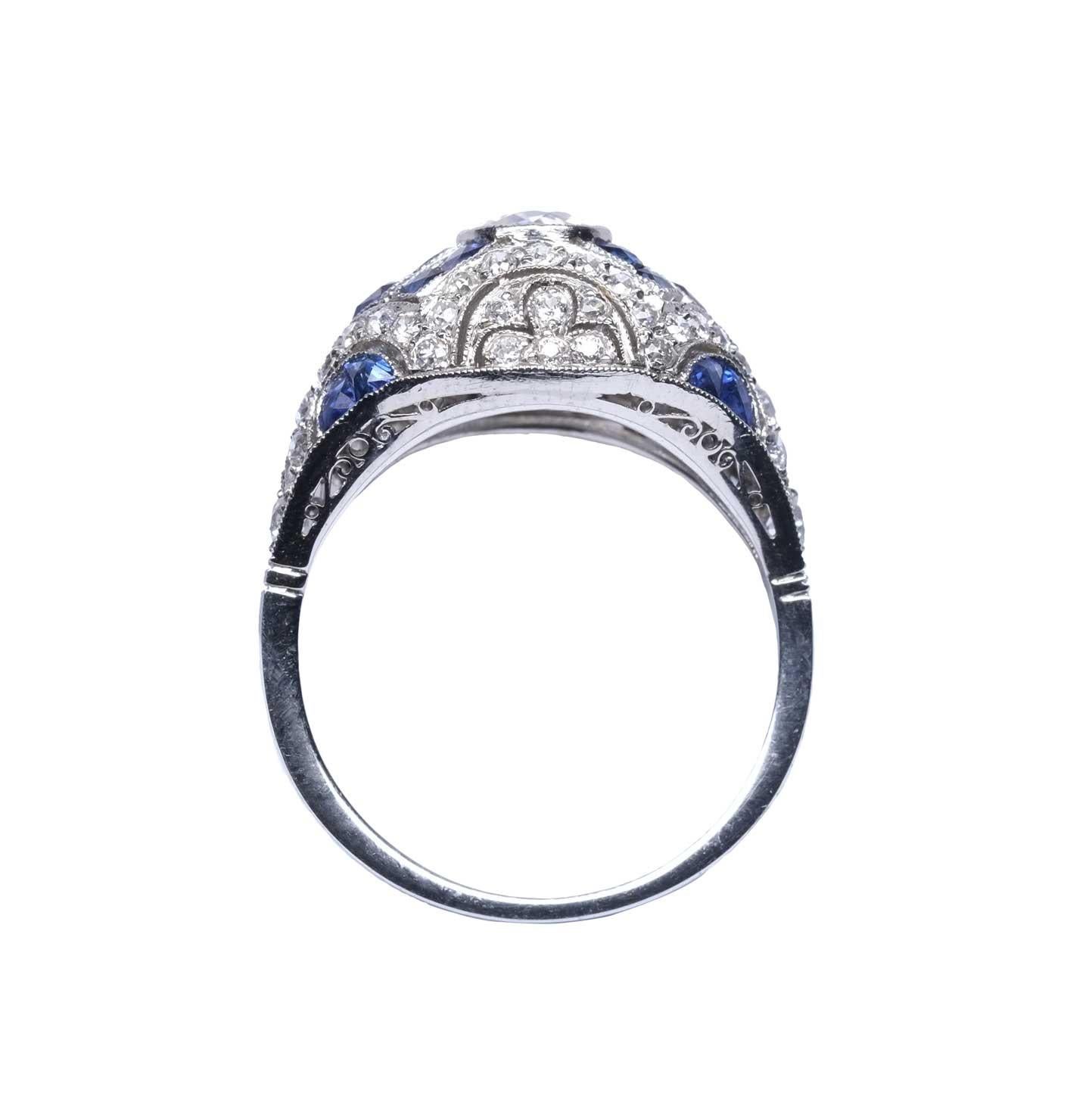 Art Deco Diamonds & Sapphires Platinum Ring For Sale