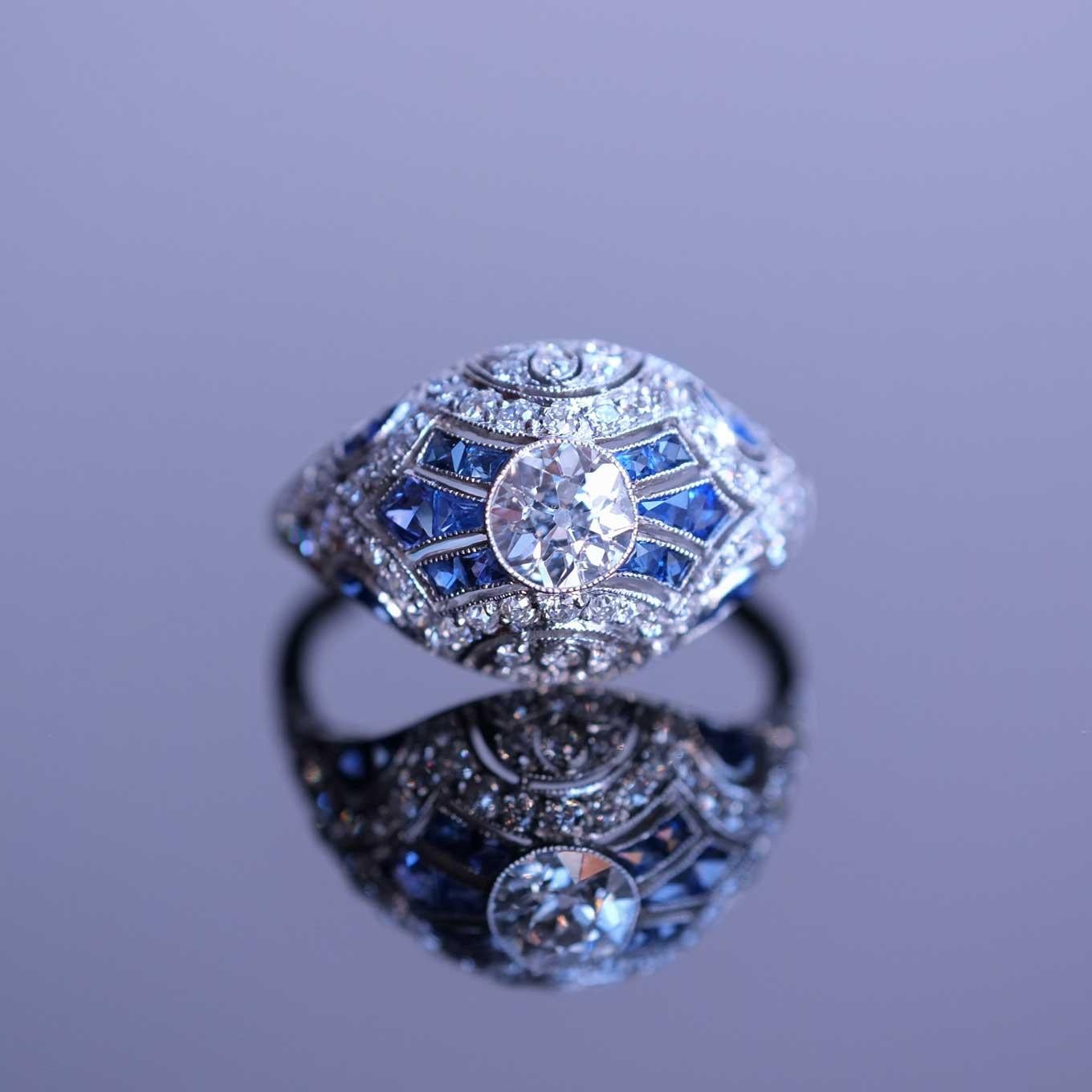 Diamonds & Sapphires Platinum Ring In Good Condition For Sale In Milano, MI