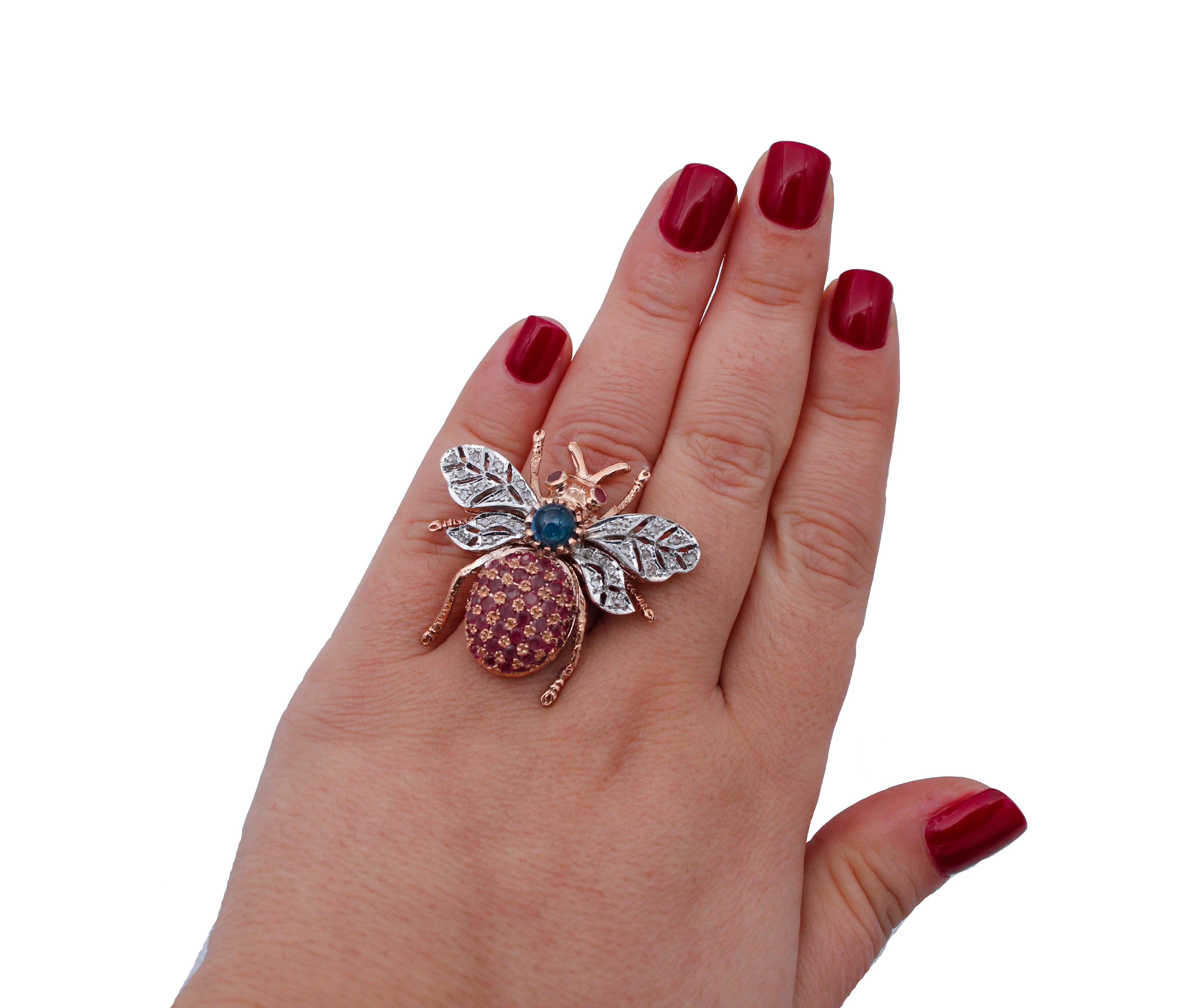 Women's Diamonds, Sapphires, Rubies, 9 Karat Rose Gold and Silver Fly Shape Ring For Sale