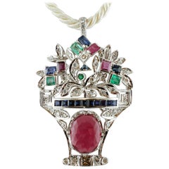 Diamonds, Sapphires, Rubies, Emeralds, 14 Karat White Gold Brooch/Pendant