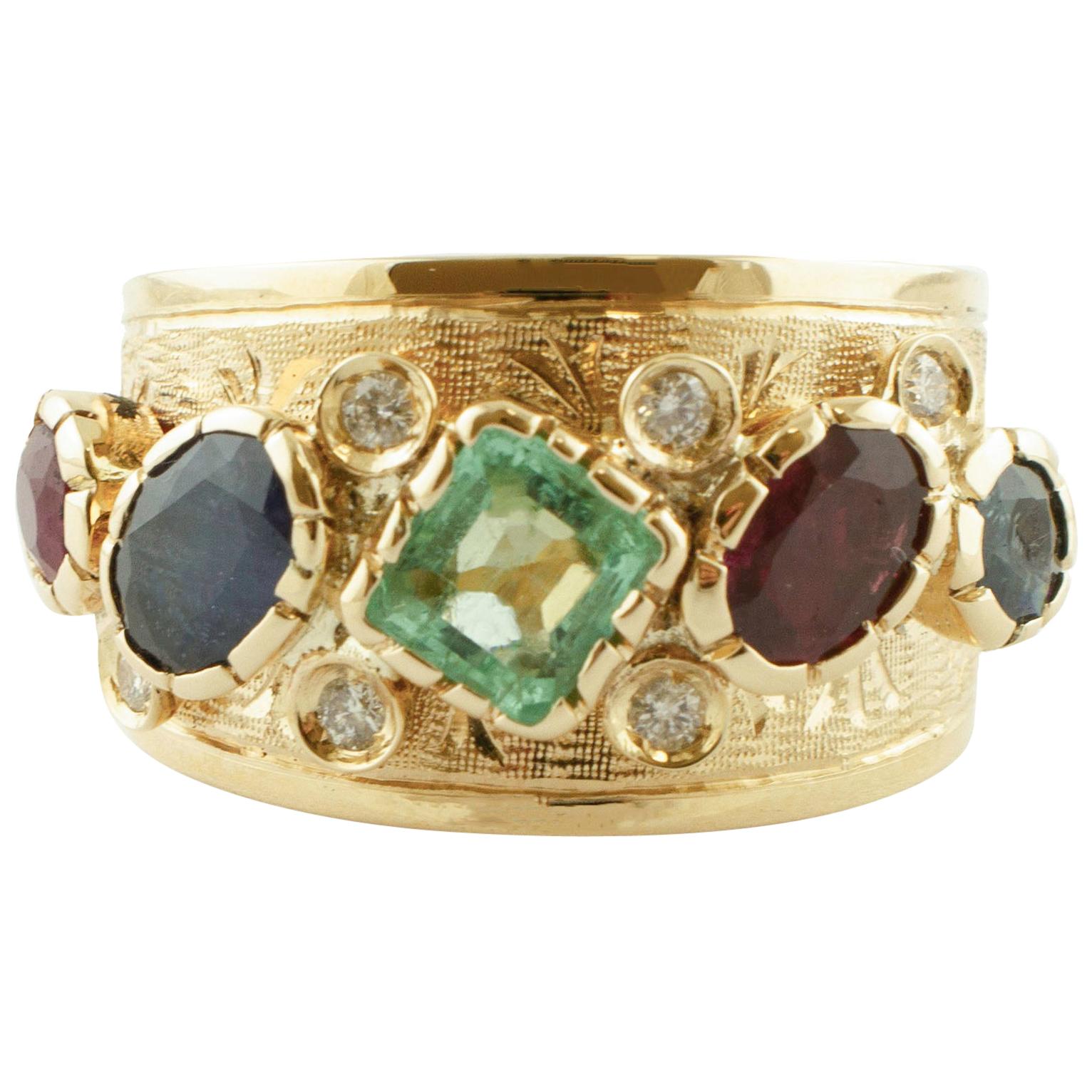 Diamonds, Sapphires, Rubies, Emeralds, 14 Karat Yellow Gold Band Ring