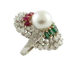 Diamonds Sapphires Rubies Emeralds Pearl White Gold Ring