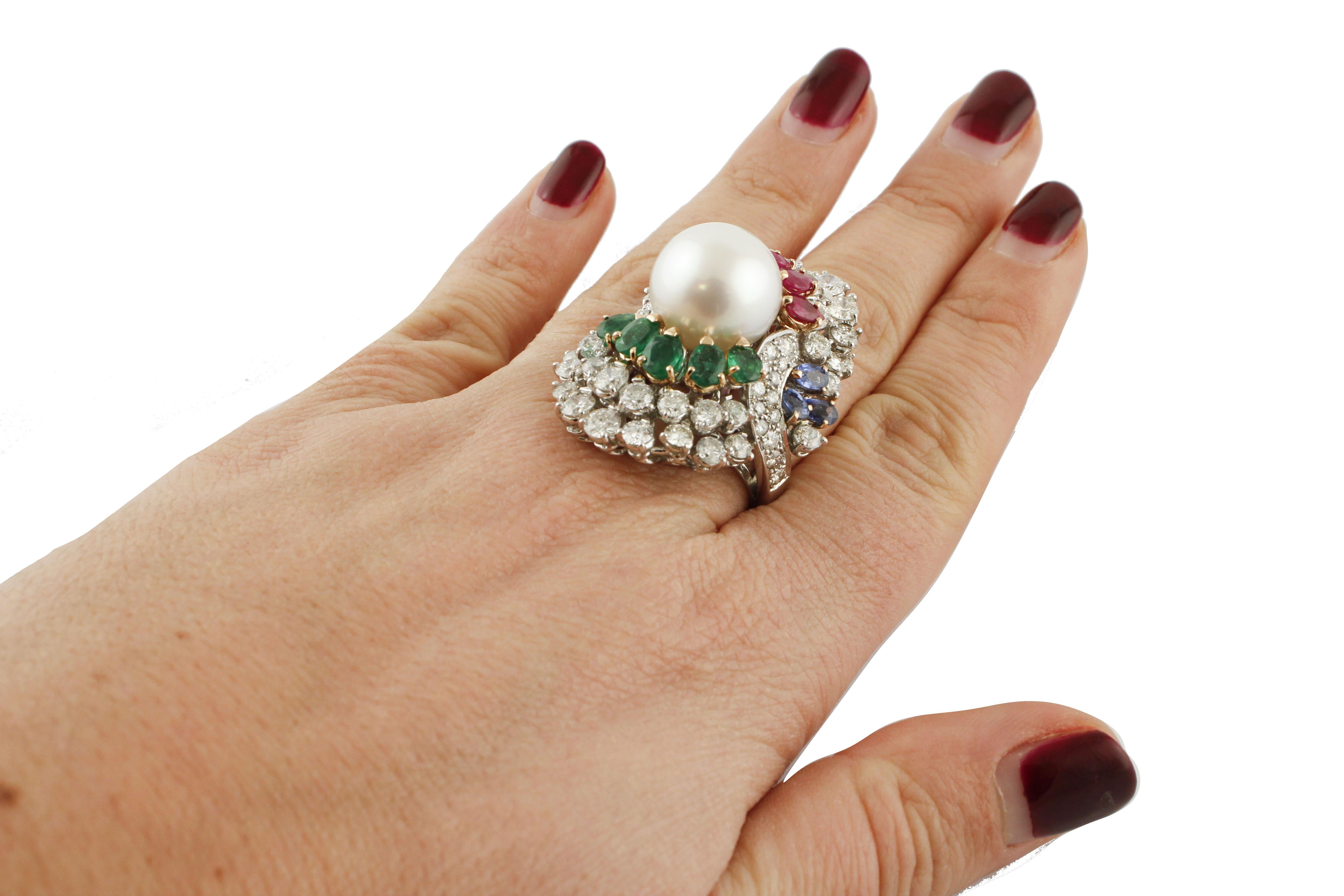 Mixed Cut Diamonds Sapphires Rubies Emeralds Pearl White Gold Ring