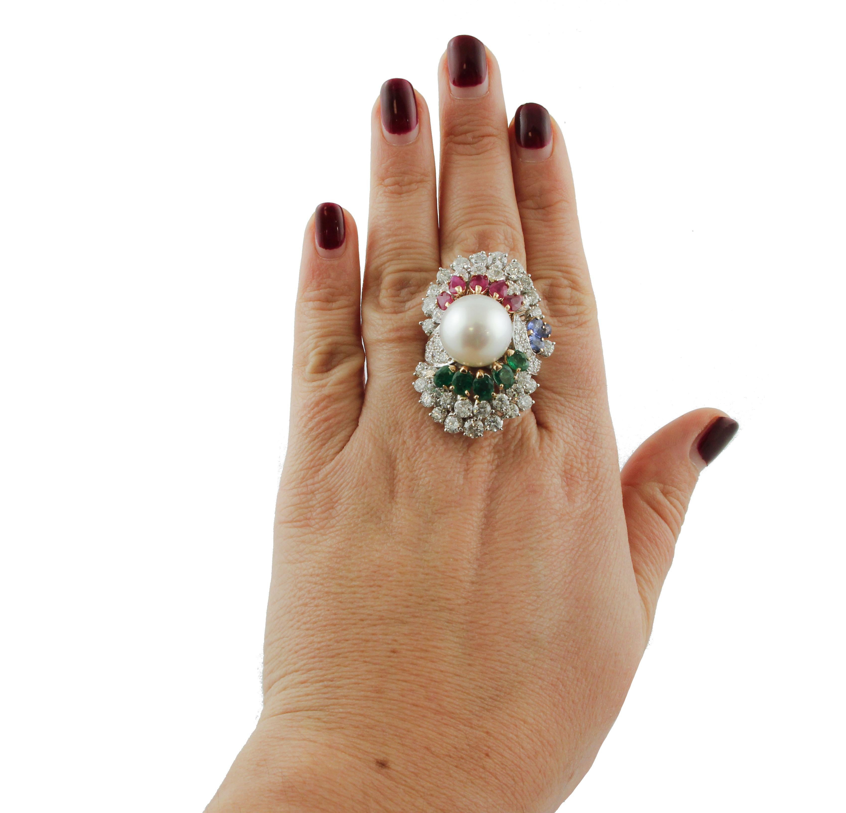 Diamonds Sapphires Rubies Emeralds Pearl White Gold Ring In Excellent Condition In Marcianise, Marcianise (CE)