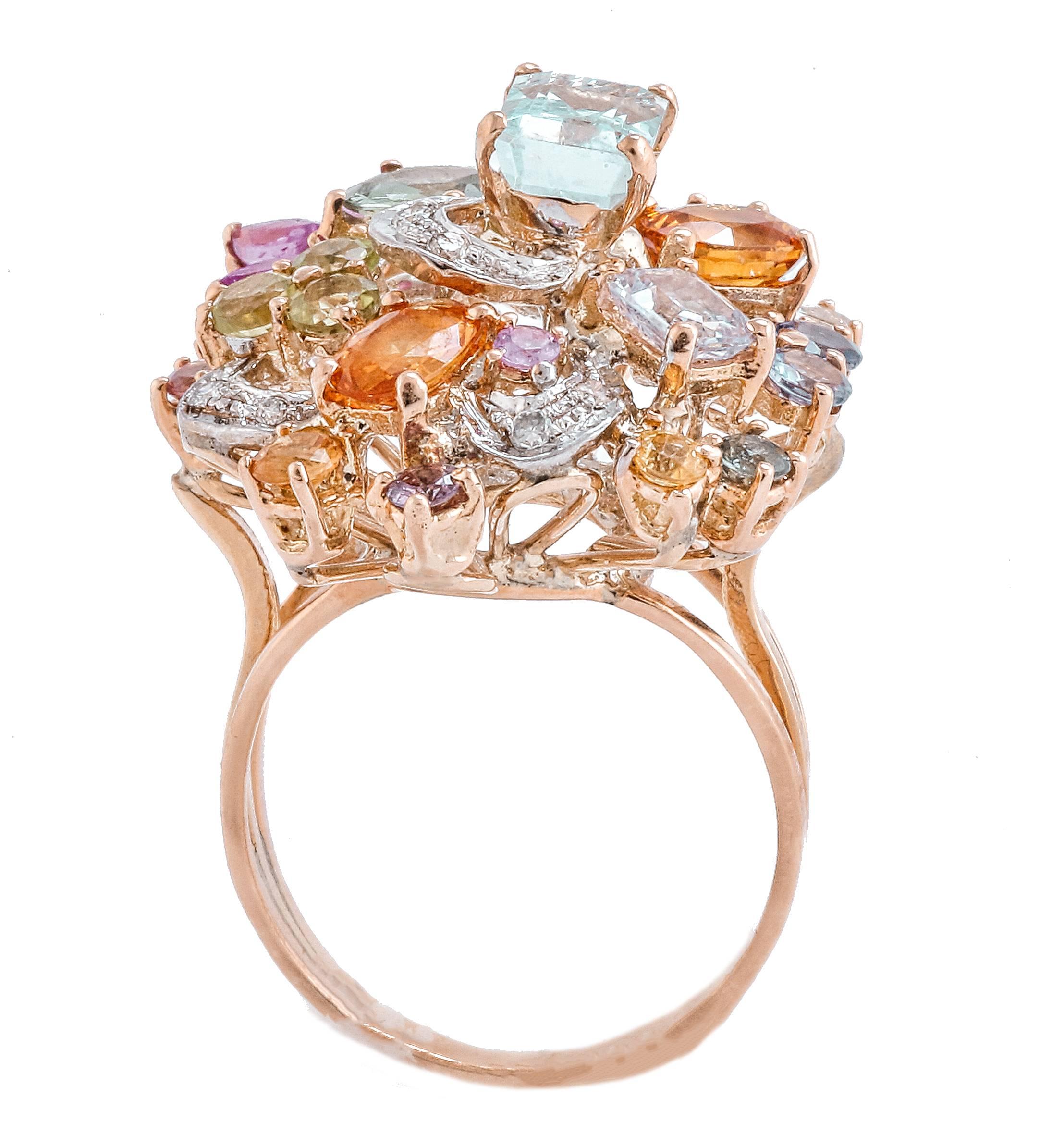 Retro Diamonds Sapphires Rubies Tanzanite Aquamarine Rose Gold Ring