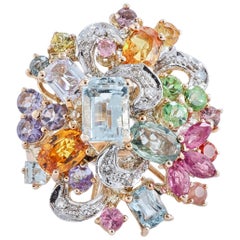 Vintage Diamonds Sapphires Rubies Tanzanite Aquamarine Rose Gold Ring