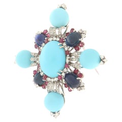 Contemporary Natural Diamond Ruby 18K White Gold Maltese Cross Brooch Pendant