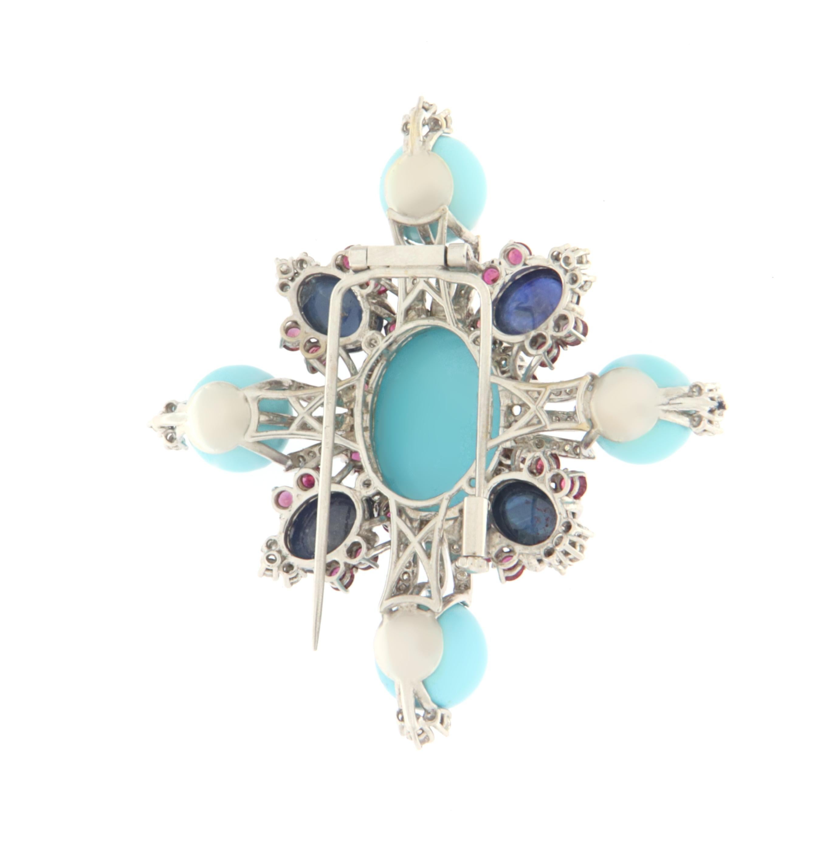 Contemporary Diamonds Sapphires Rubies Turquoise White Gold 18 Karat Brooche For Sale