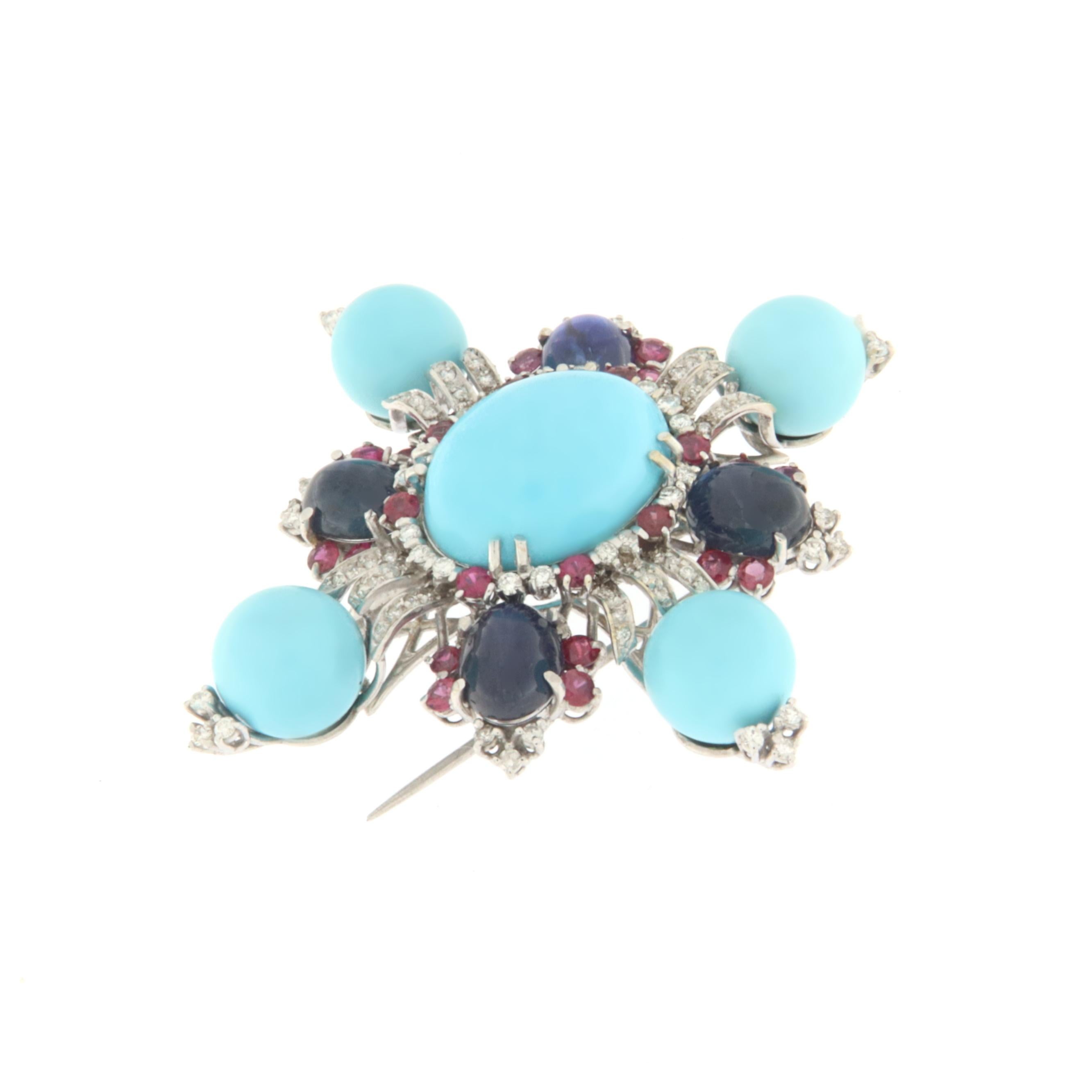 Mixed Cut Diamonds Sapphires Rubies Turquoise White Gold 18 Karat Brooche For Sale