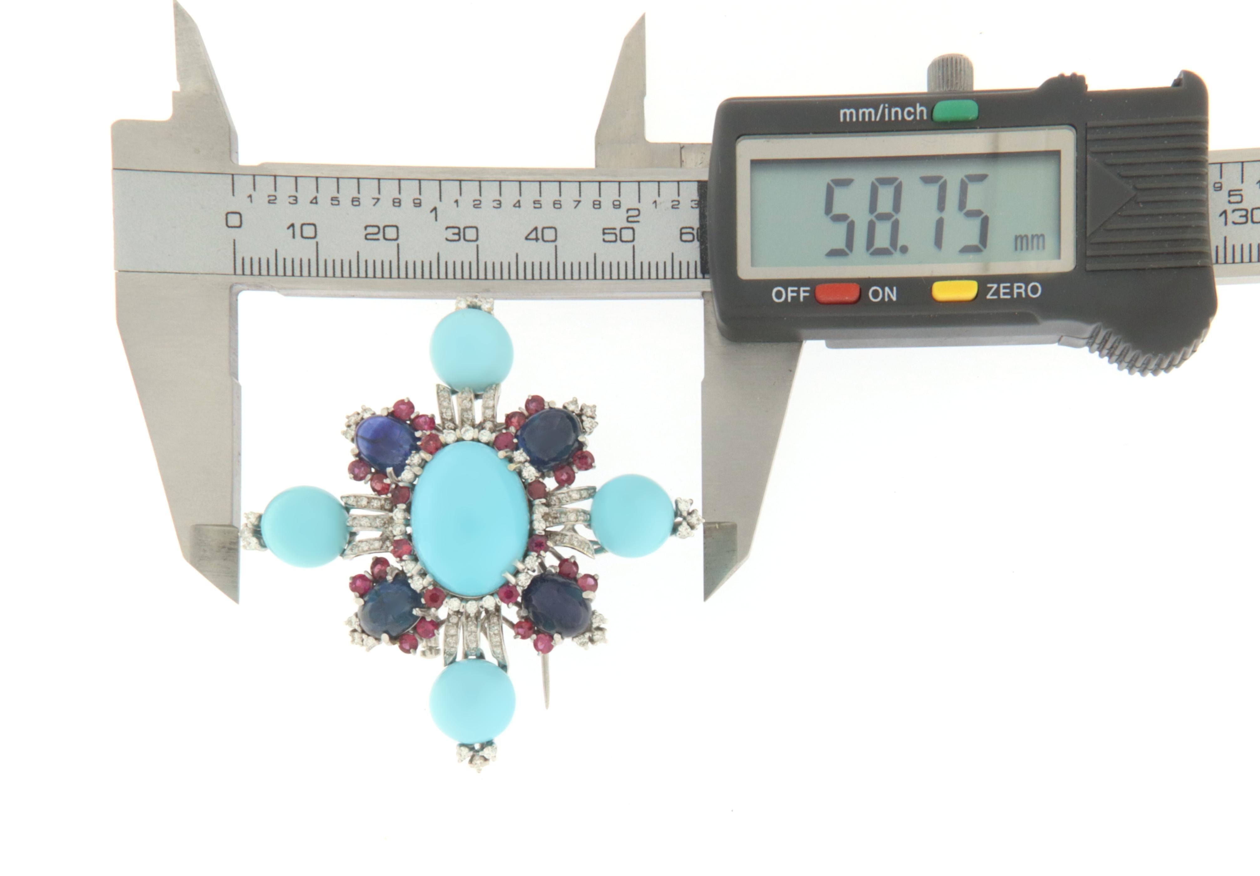 Diamonds Sapphires Rubies Turquoise White Gold 18 Karat Brooche In New Condition For Sale In Marcianise, IT