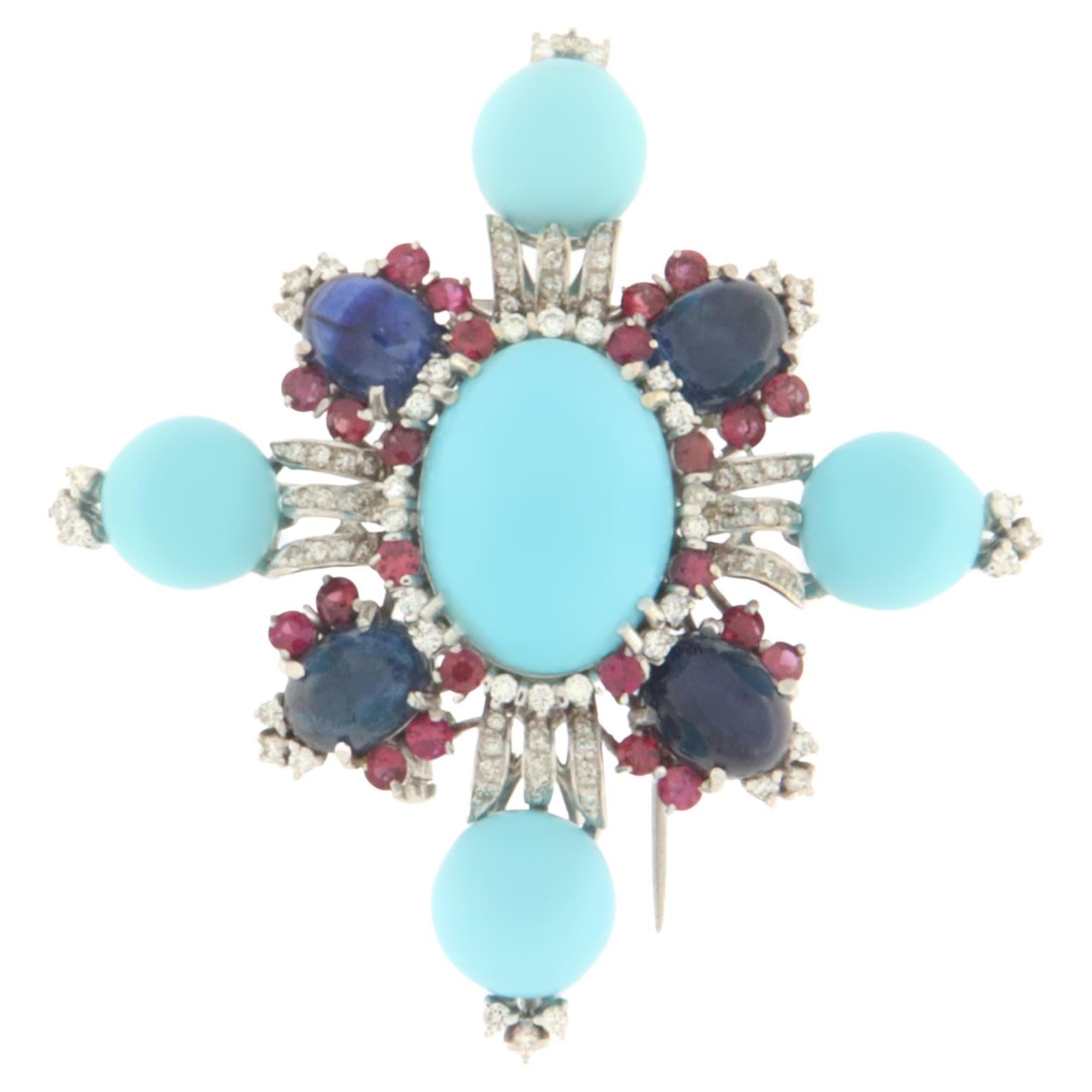 Diamonds Sapphires Rubies Turquoise White Gold 18 Karat Brooche For Sale