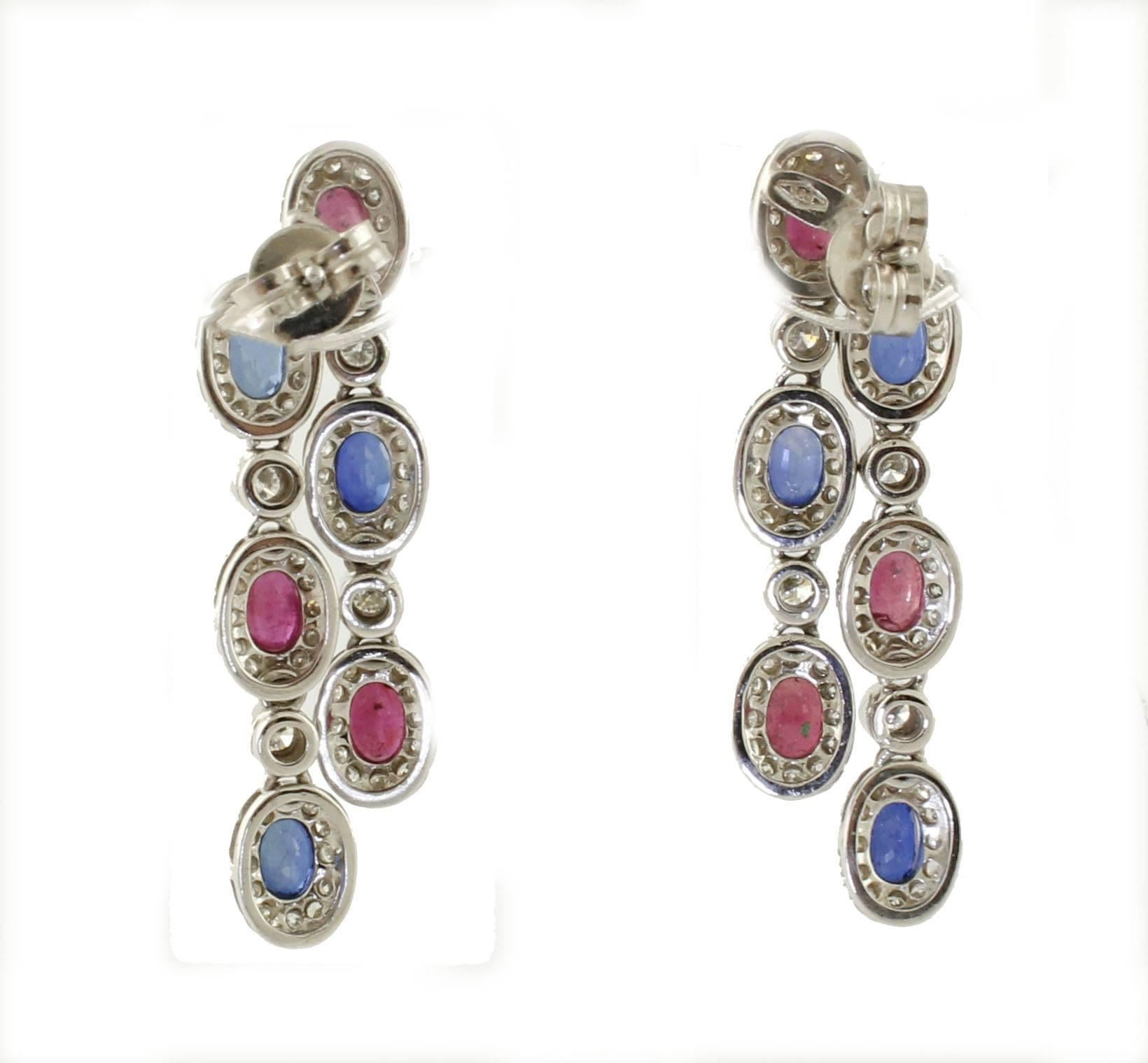 Diamonds Sapphires Rubies White Gold Dangling Earrings In Good Condition In Marcianise, Marcianise (CE)
