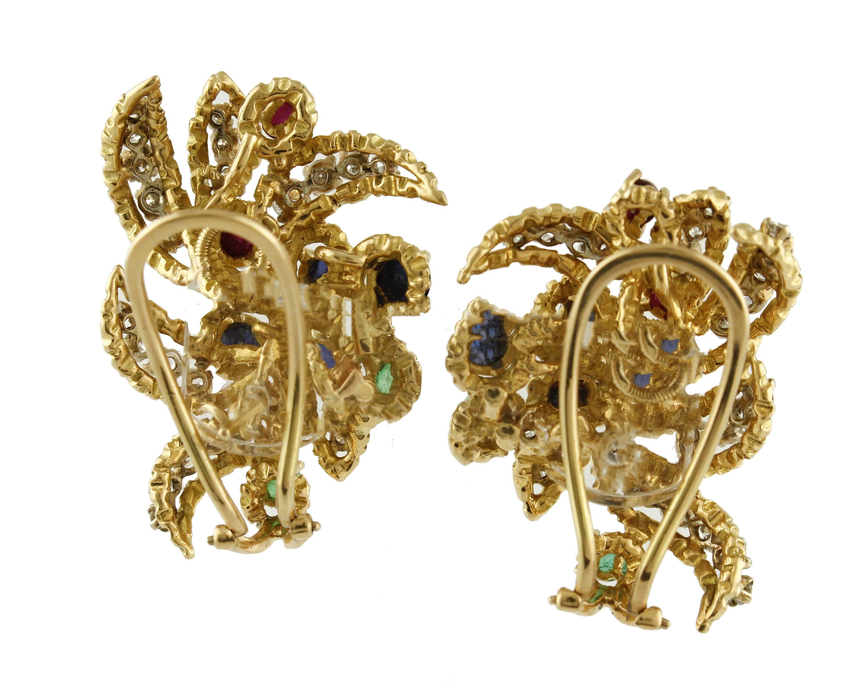 Retro Diamonds Sapphires Rubyes Emeralds Yellow Gold Earrings For Sale