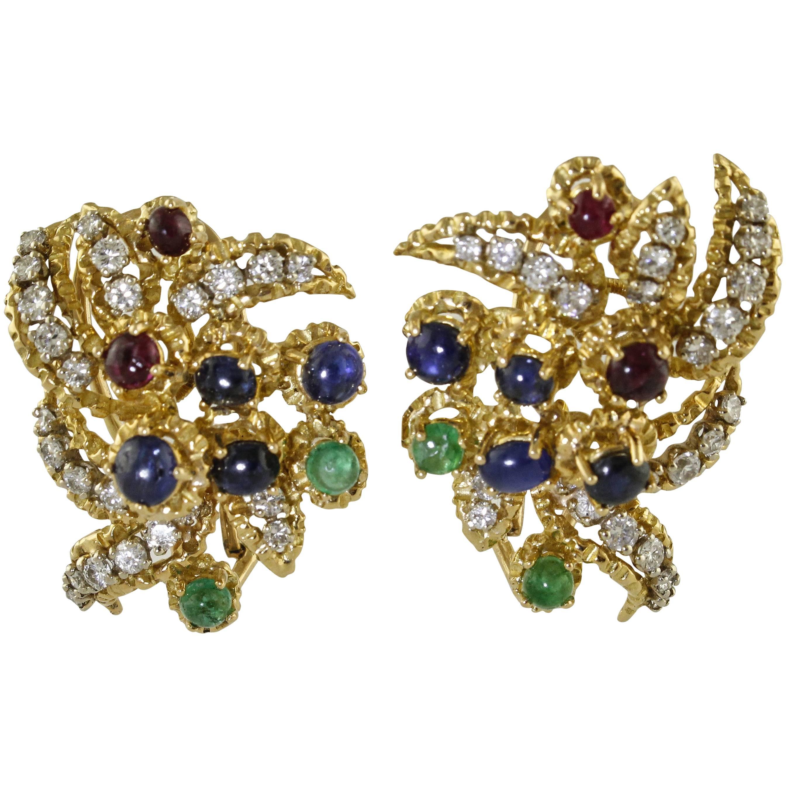 Diamonds Sapphires Rubyes Emeralds Yellow Gold Earrings For Sale